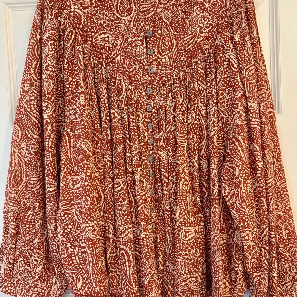 We The Free Paisley Floral Button-Down Blouse - Red and Cream